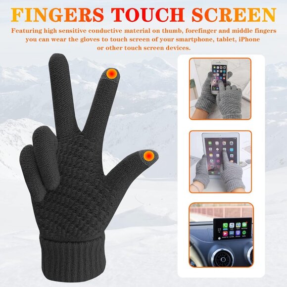 Women's 2 Pairs Black Beige Winter Touch Screen Gloves Elastic Cuff Winter Glove - Picture 4 of 7